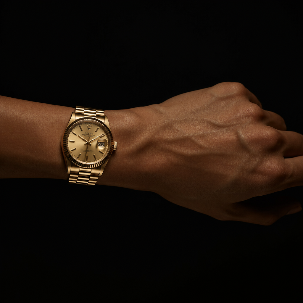 The exact same wrist, now wearing a perfectly fitted luxury watch